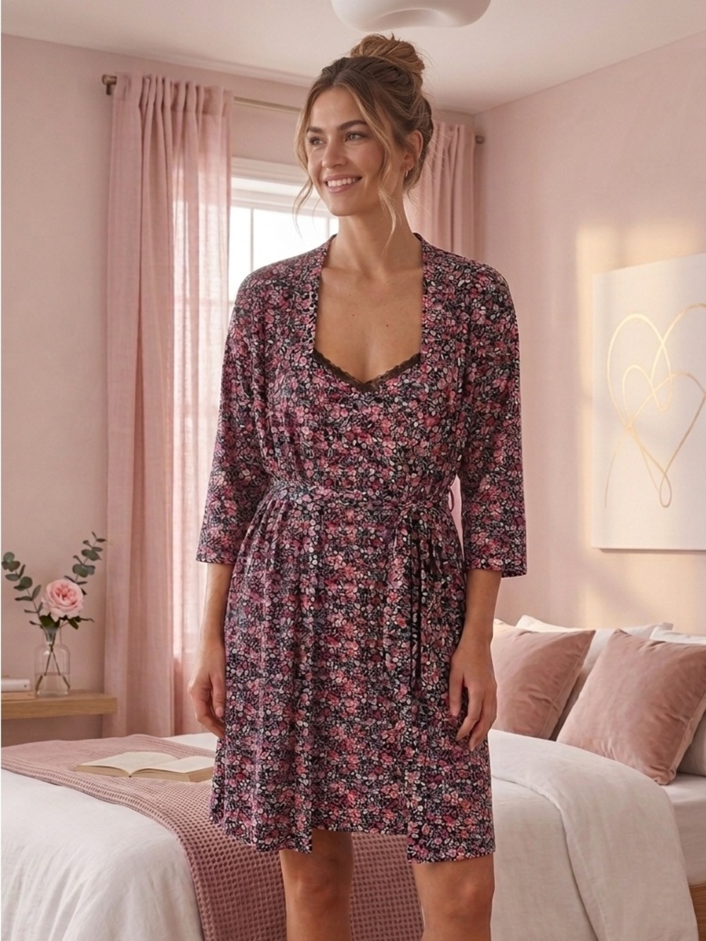 Rene Rofe Sleepwear Black Pink Floral Matching Lace Slip Dress Robe Plus Size 1X